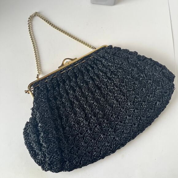 Macrame or Knit Strawy Weave Evening Bag Purse Black Gold Chain Retro Glam - Picture 12 of 12